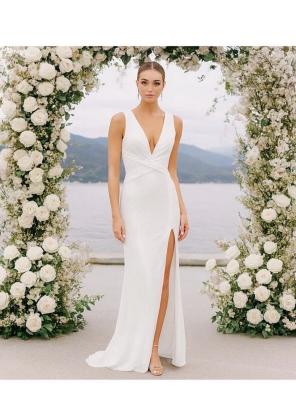 MAC DUGGAL Dress Size 12 Evening Gown Sequin White V Neck Wrap NEW